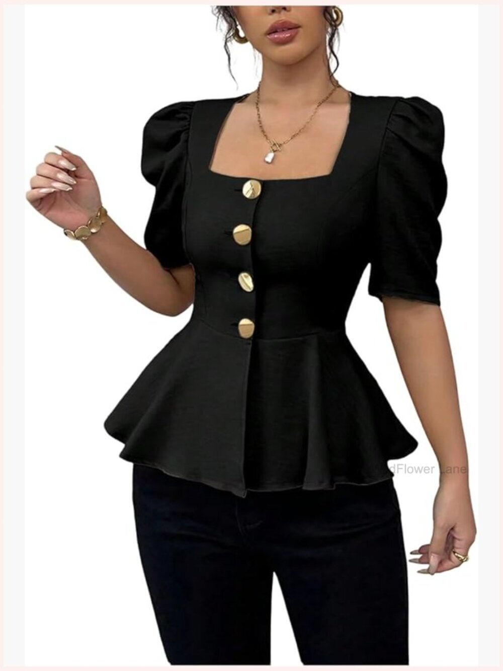 Elegant Puff Sleeve Peplum Square Neck Button Flared Blouse Top
